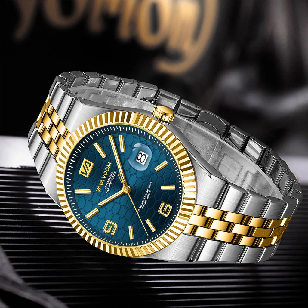 2025 New Men Watches Gorgeous Blue Gold 40mm Classic Clock Stainless Steel Diving Series Waterdrop Calendar Quartz Watch for Men