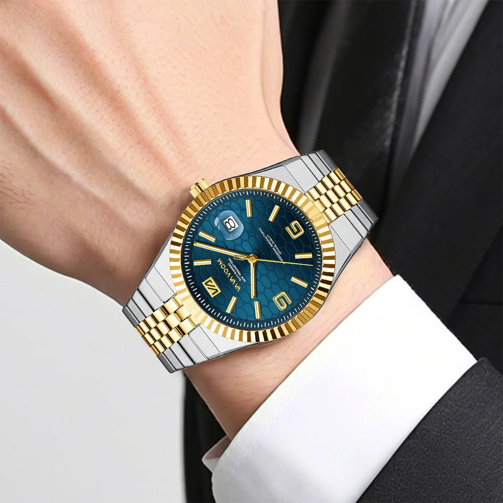 2025 New Men Watches Gorgeous Blue Gold 40mm Classic Clock Stainless Steel Diving Series Waterdrop Calendar Quartz Watch for Men